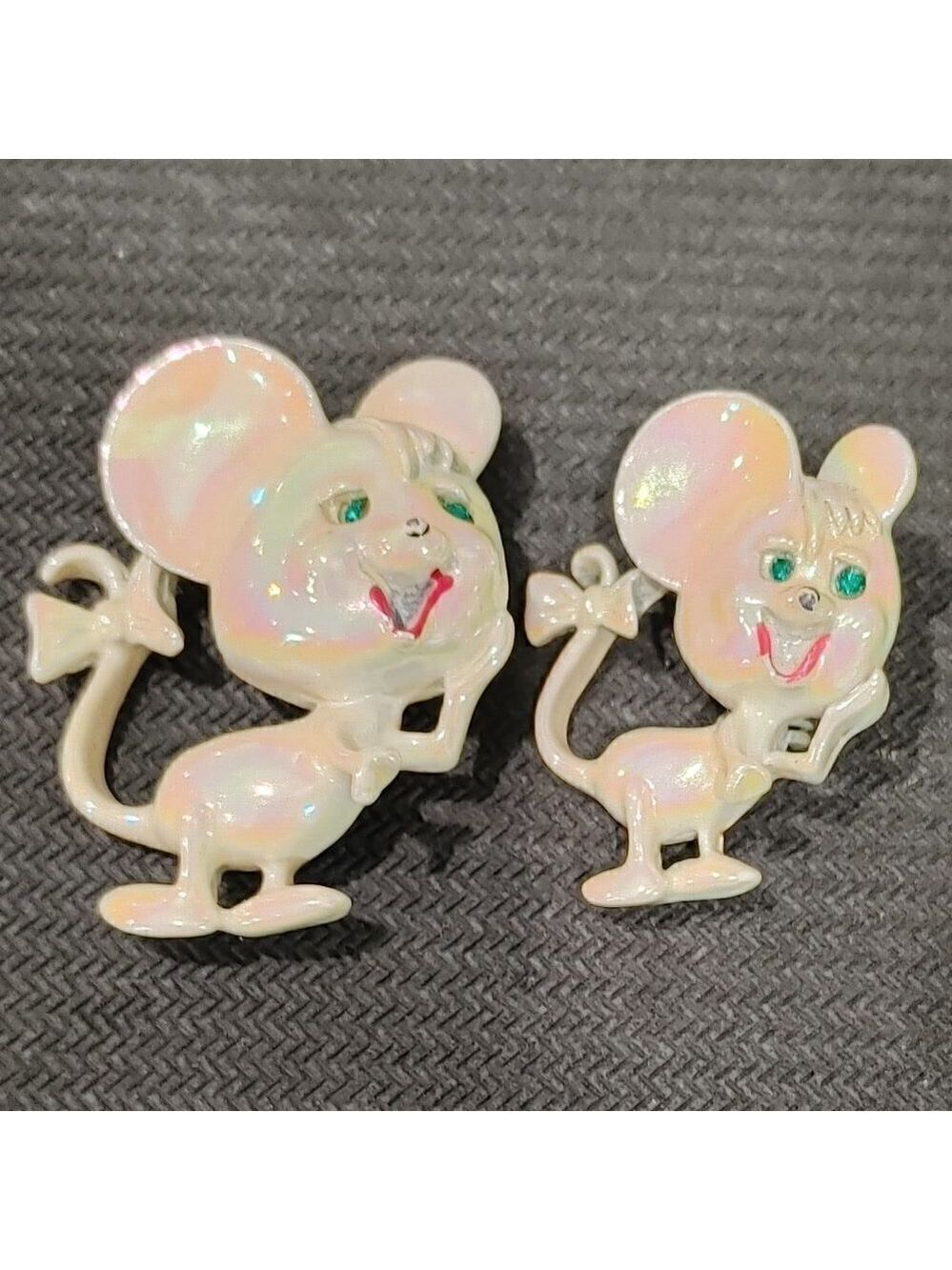 Vintage Enamel Mouse Pair Mice Green Rhinestone Eyes Large Small